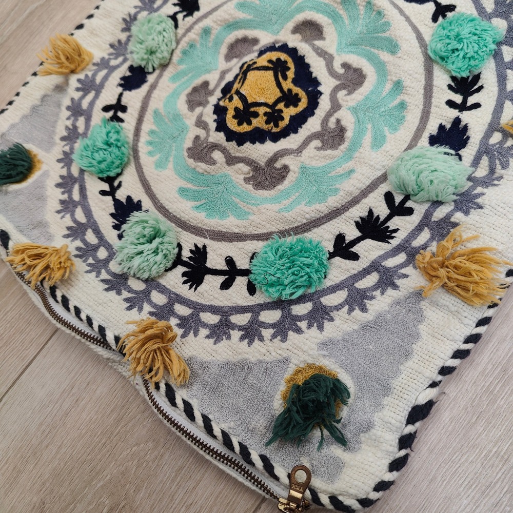 Anthropologie Pillow Cover 18x18 Cream Boho Embroidered Tassels Pom Poms Mandala - Picture 3 of 8